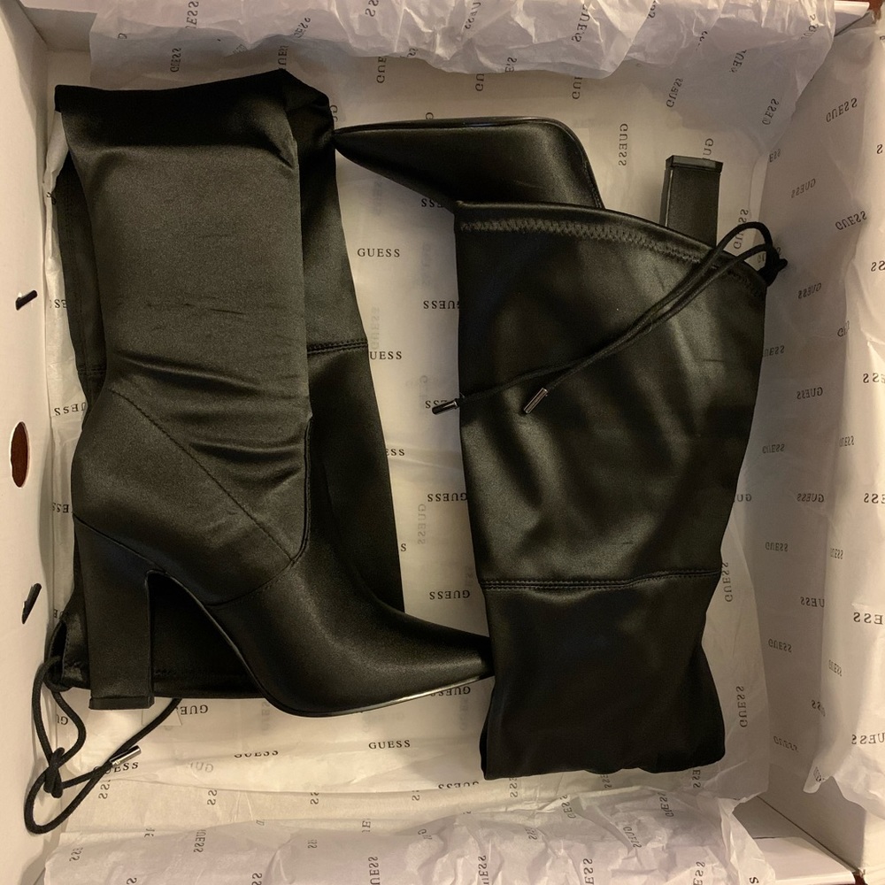 GUESS black thigh high silky boots